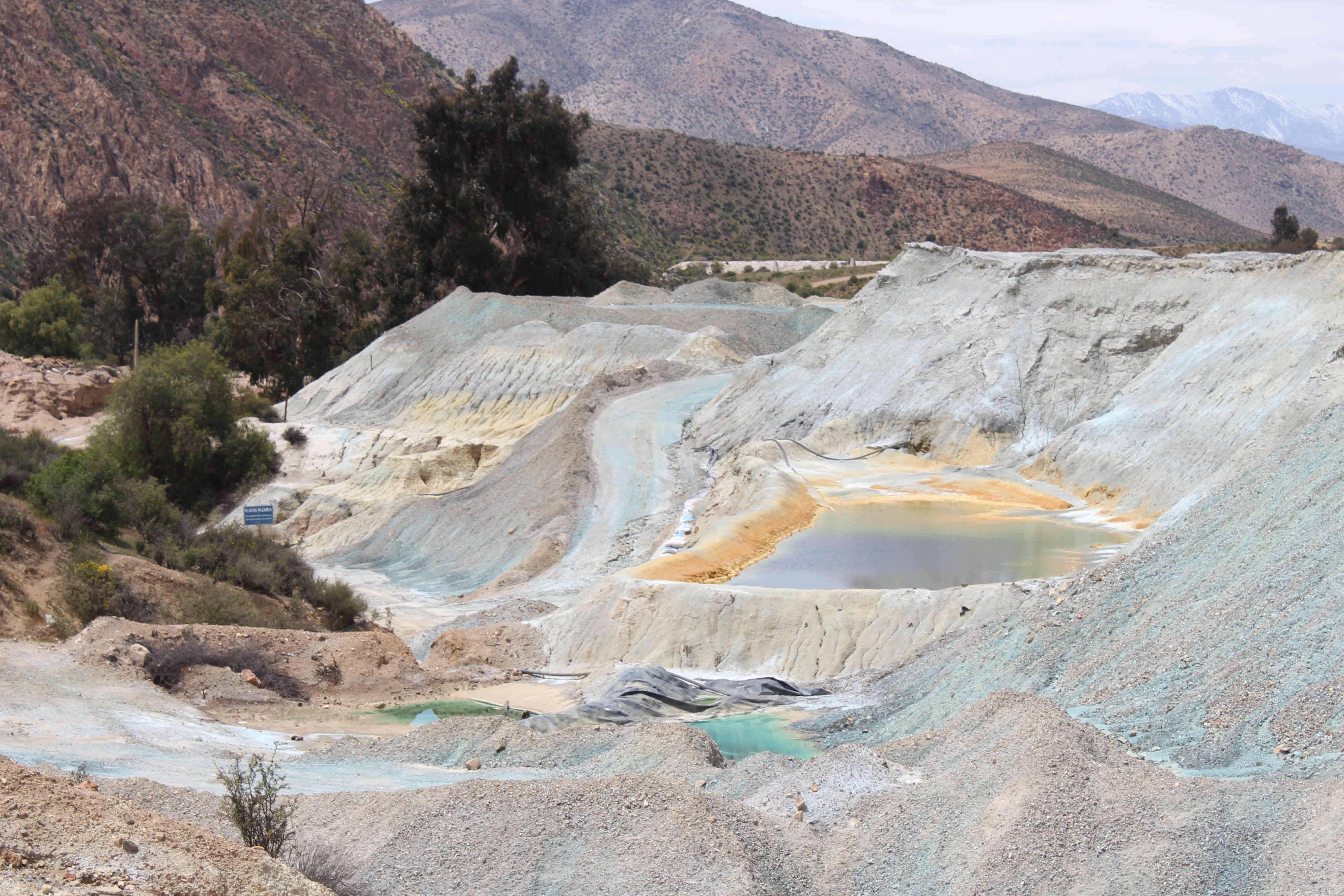 Piscina de agua verdosa con bordes anaranjados en un depósito de relaves de Andacollo y geomembrana rota